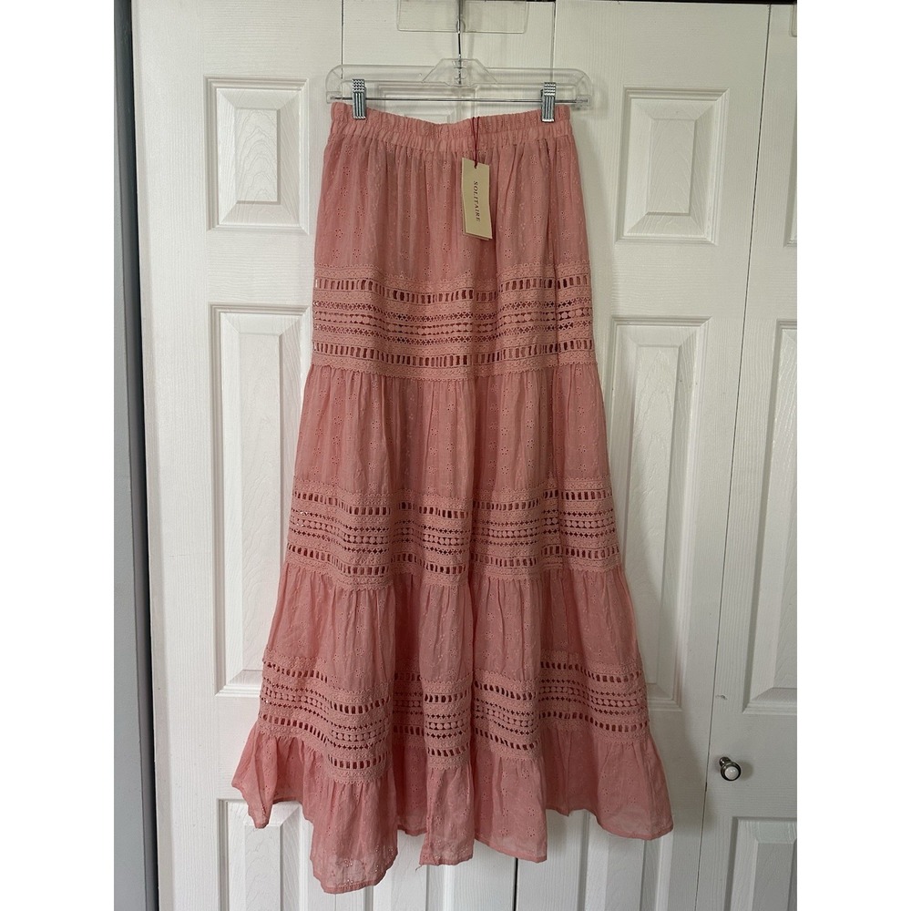 Solitaire Womens Pink Floral Lace Tiered Maxi Skirt Elastic Waist Boho M NWT